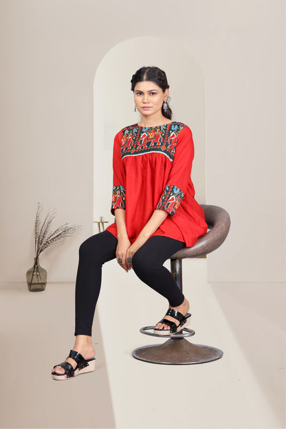 Casual Regular Sleeves Printed Women Red Top