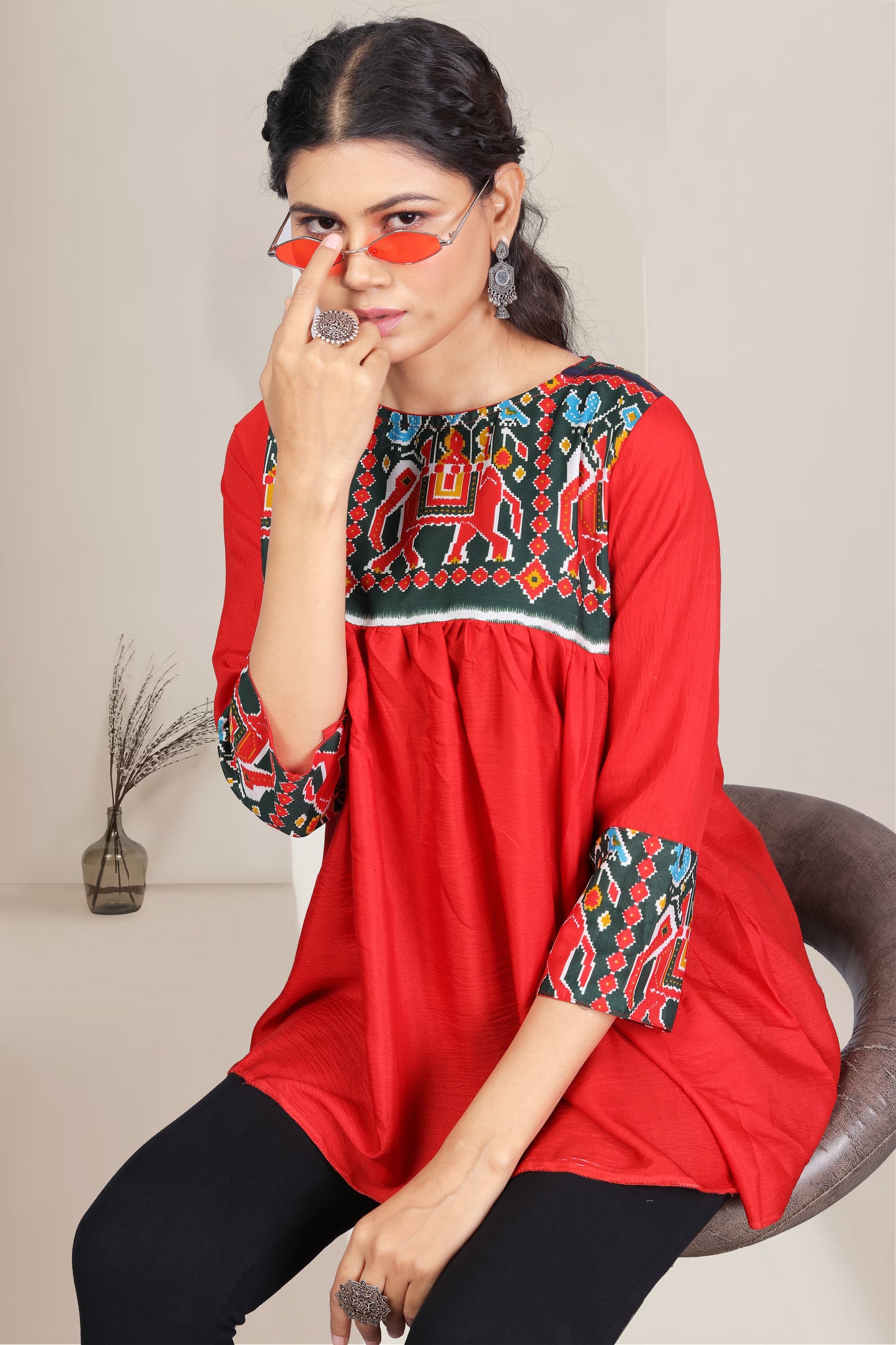 Casual Regular Sleeves Printed Women Red Top