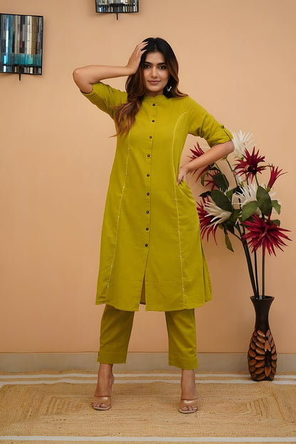 Yellow Cotton straight kurta with pant