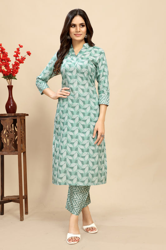 Light Blue pure Cotton leaf Printed Kurta trouser set