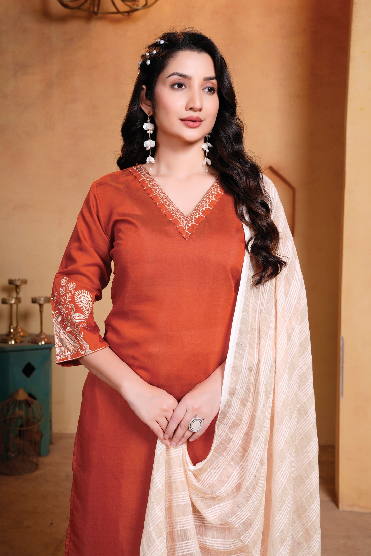 Rust yoke design Kurti with Trousers with dupatta