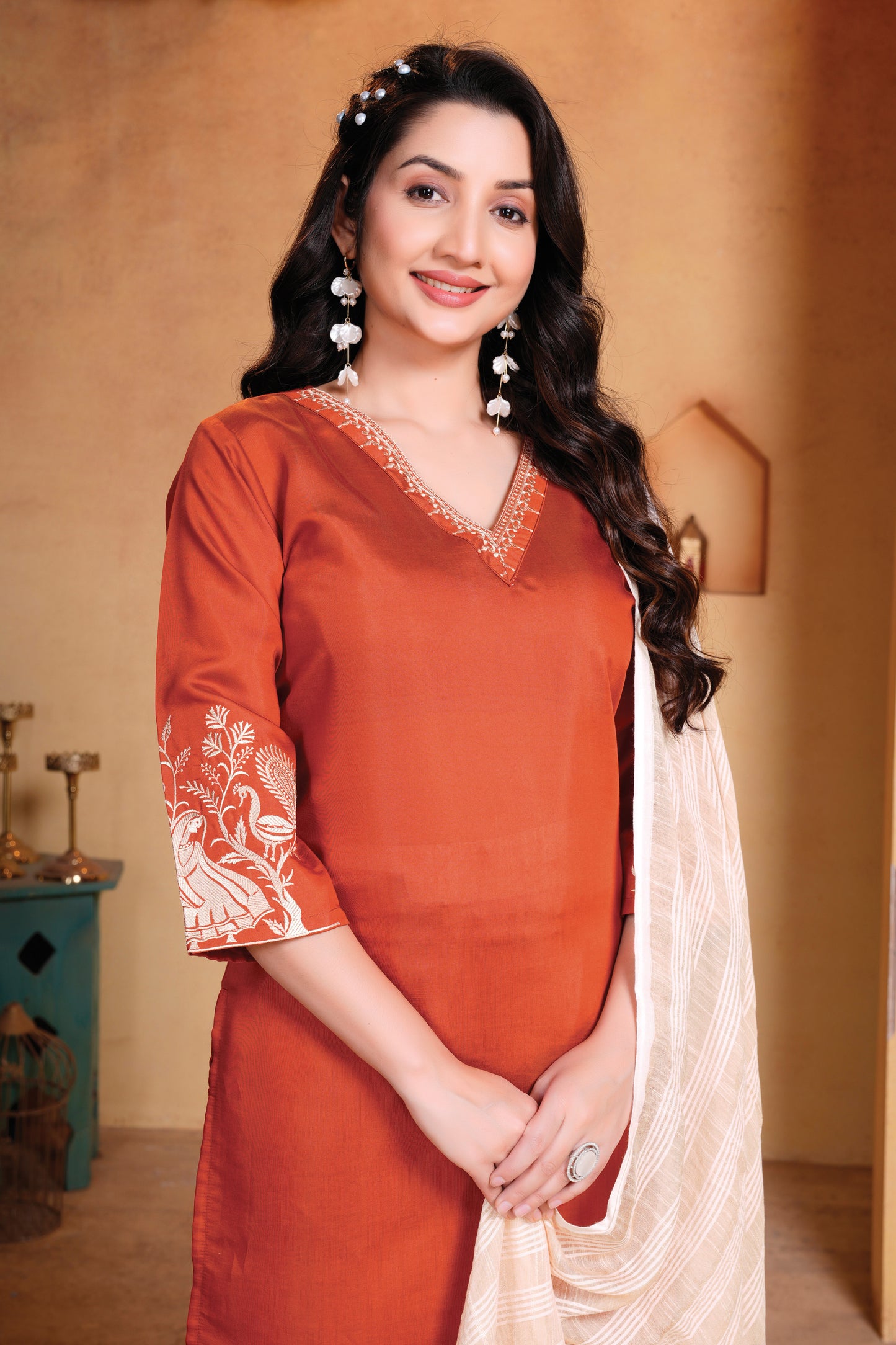 Rust yoke design Kurti with Trousers with dupatta