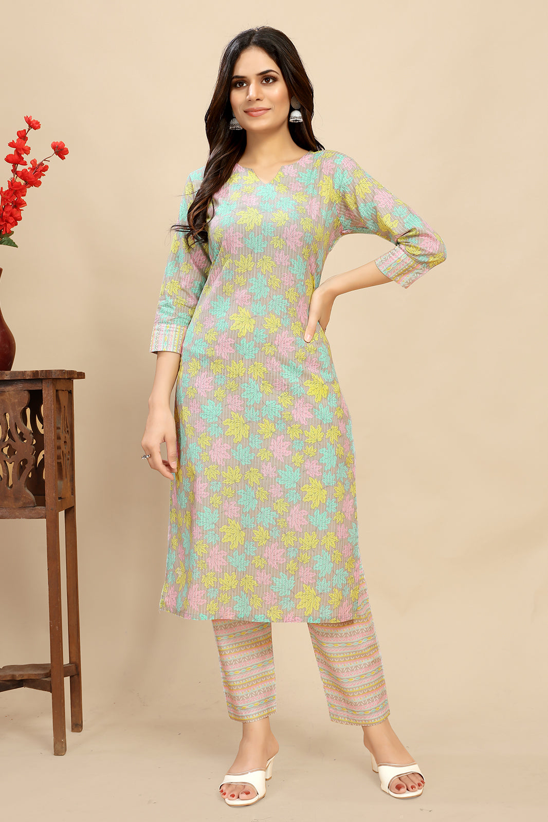 Multi Colour  Cotton leaf Block Printed Kurti Pair