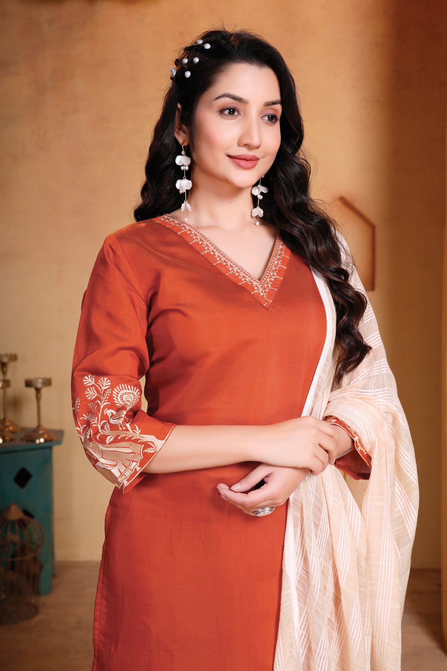 Rust yoke design Kurti with Trousers with dupatta