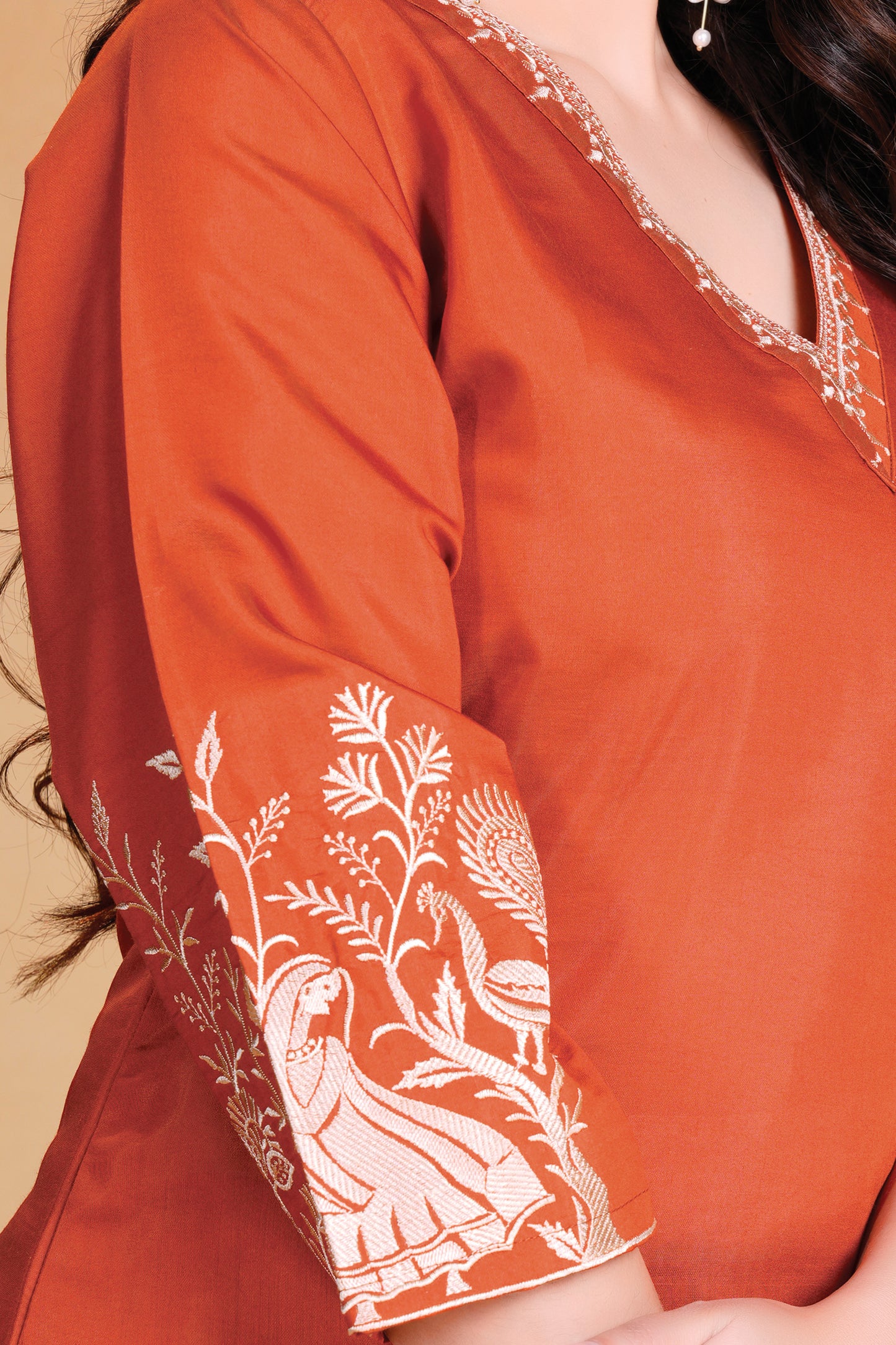 Rust yoke design Kurti with Trousers with dupatta