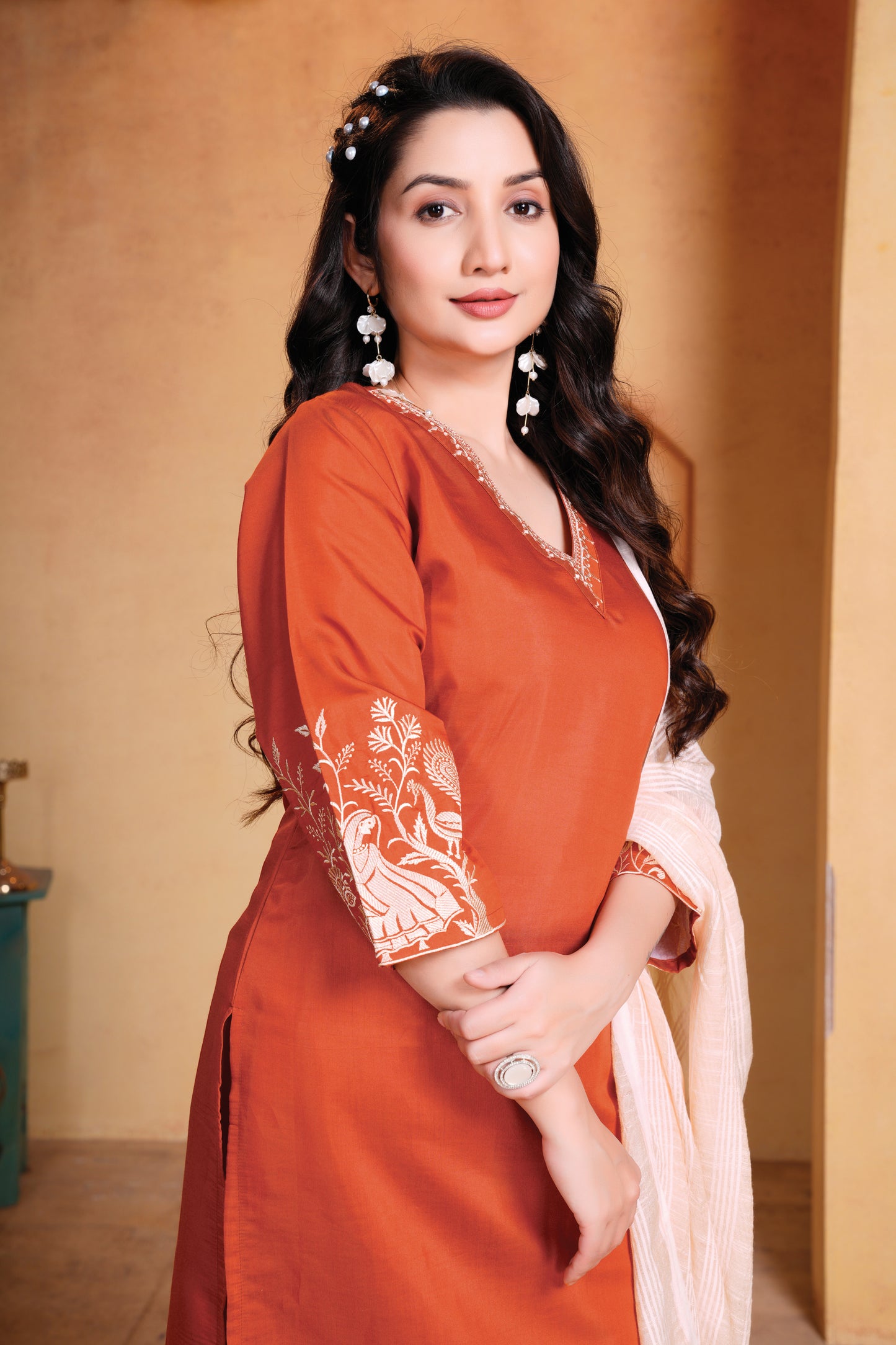 Rust yoke design Kurti with Trousers with dupatta