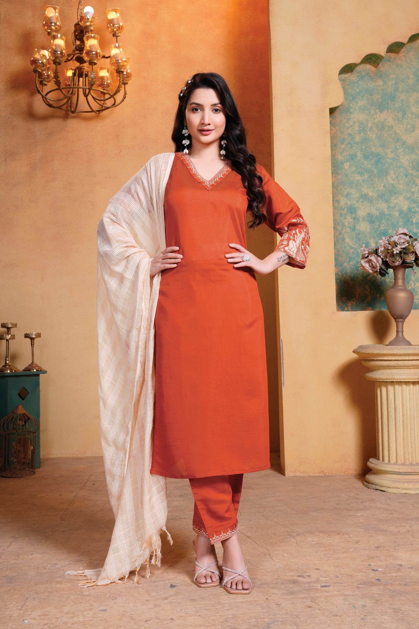 Rust yoke design Kurti with Trousers with dupatta