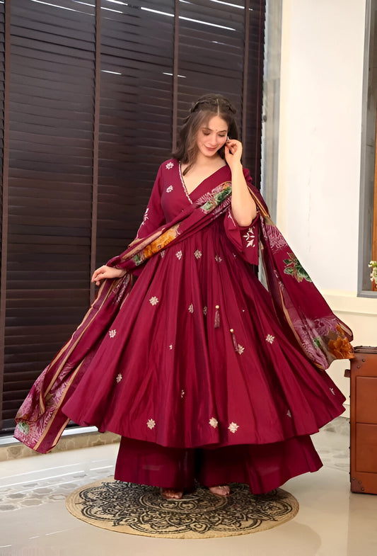 Maroon Anarkali Suit With Multicolor Dupatta