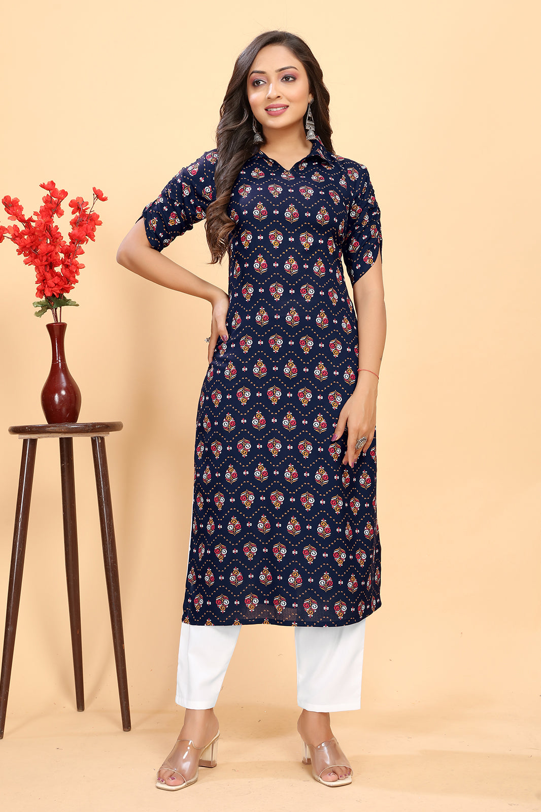 Women's Nevy Blue Rayon Floral Printed Straight Kurta