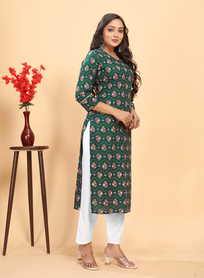 Women's Green Rayon Floral Printed Straight  Kurta-pant