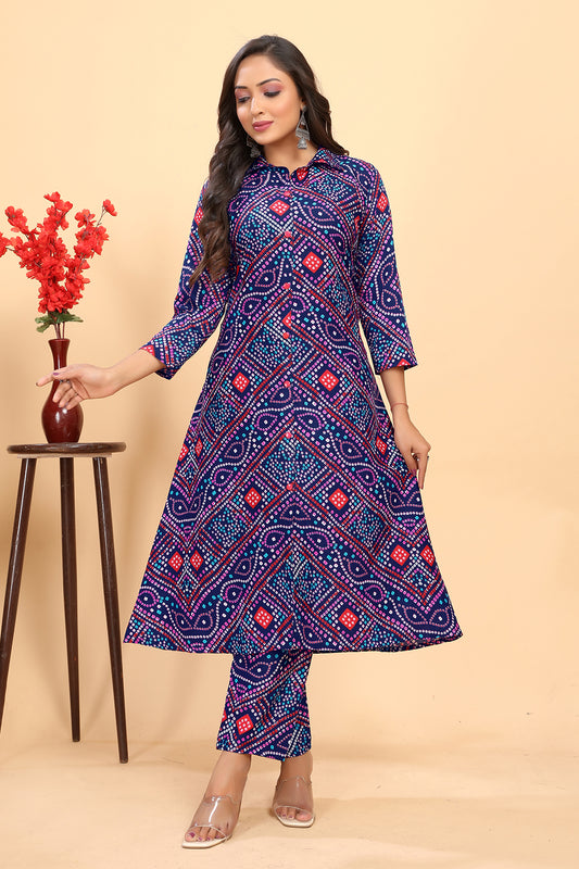 Navy Blue Printed Rayon Flared Round Kurta