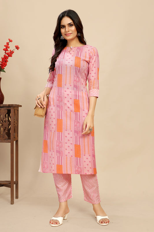 Pink Cotton Floral Block Printed Kurti Pair