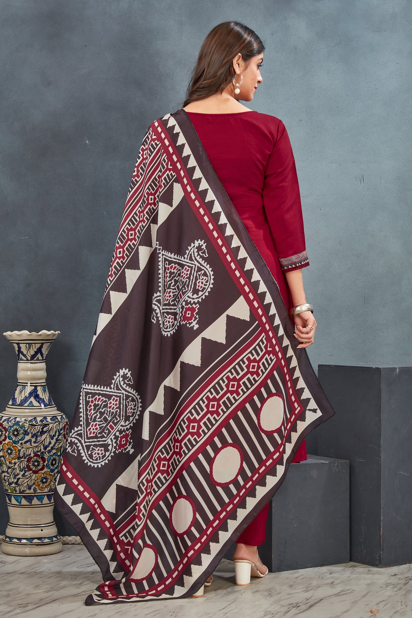 Red Ajrakh Printed Kurta  Pant with  Dupatta suit