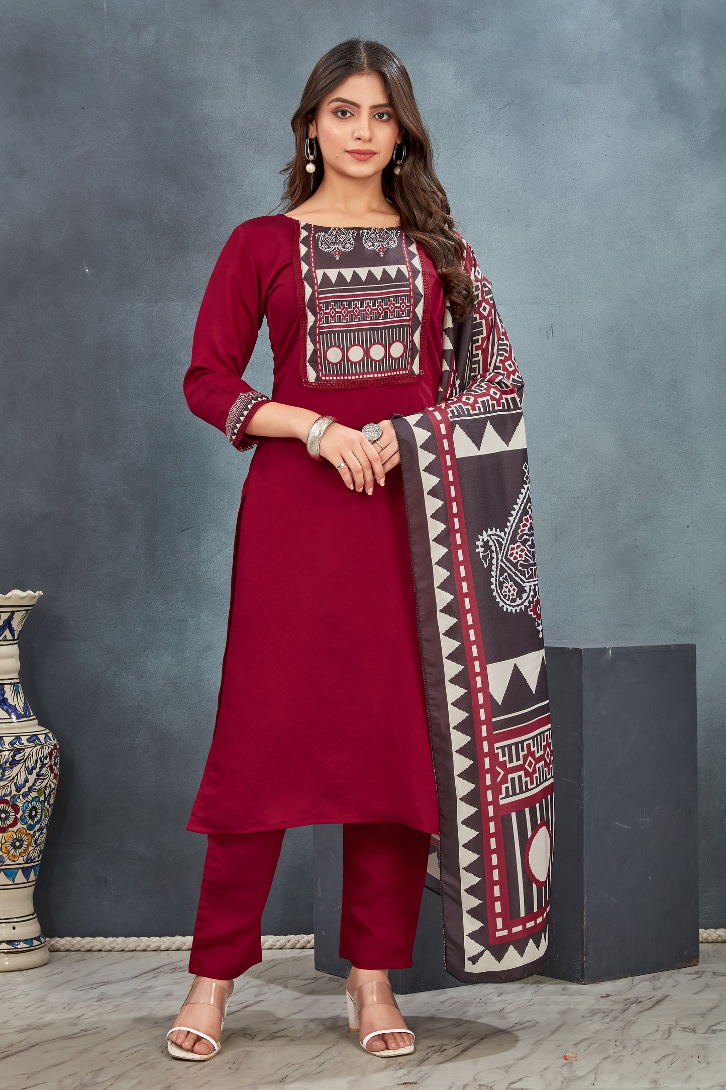 Red Ajrakh Printed Kurta  Pant with  Dupatta suit