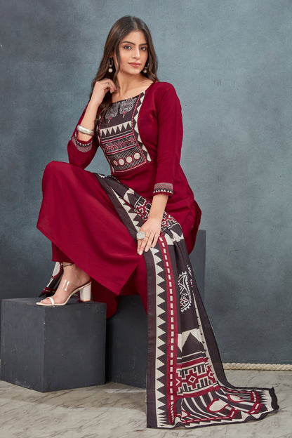 Red Ajrakh Printed Kurta  Pant with  Dupatta suit