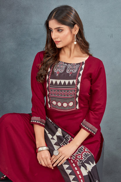 Red Ajrakh Printed Kurta  Pant with  Dupatta suit