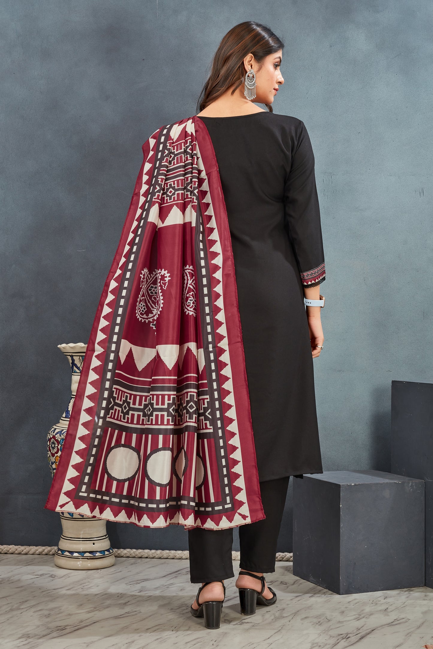 Black Ajrakh Printed Kurta  Pant with  Dupatta suit