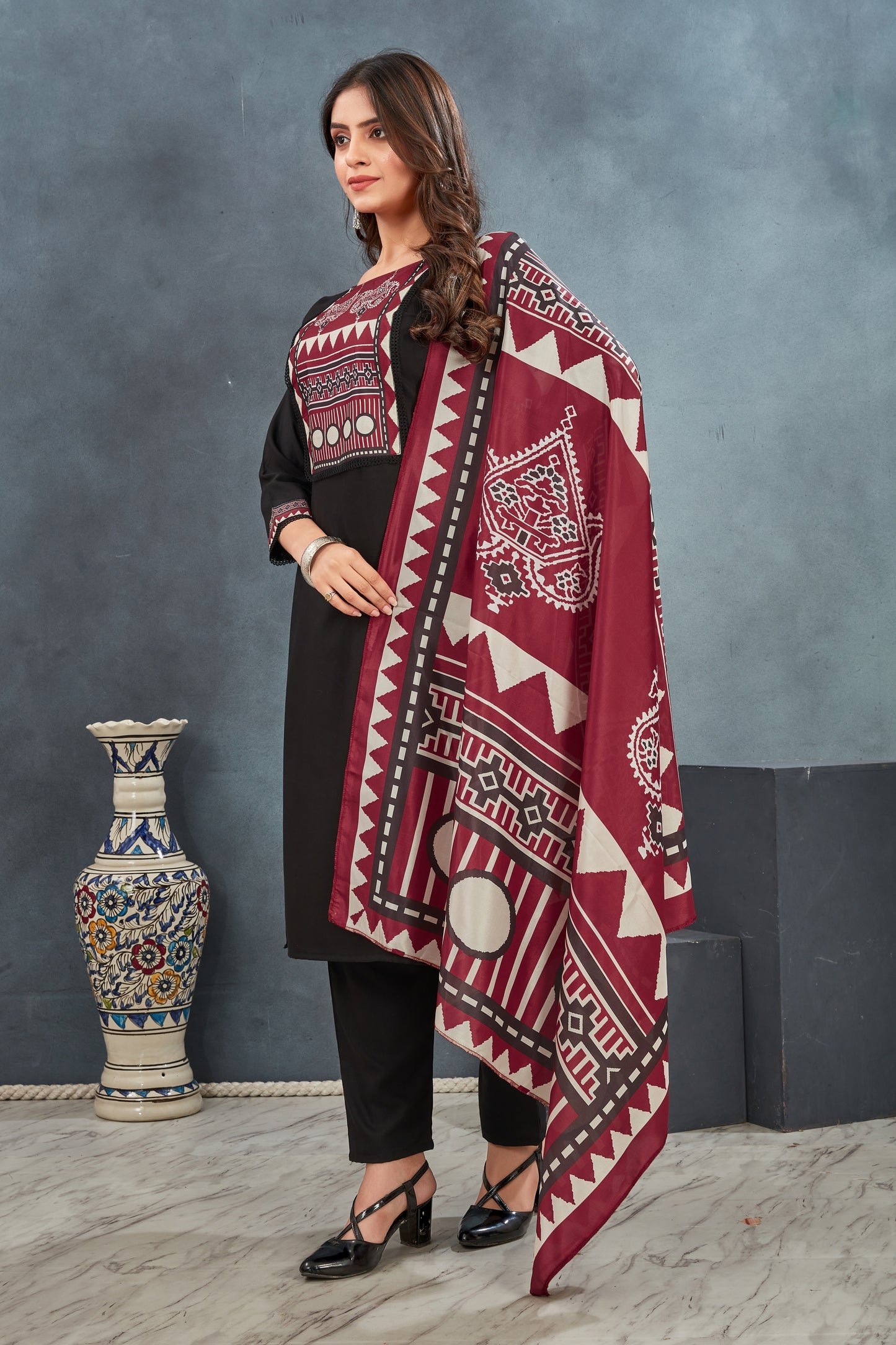 Black Ajrakh Printed Kurta  Pant with  Dupatta suit