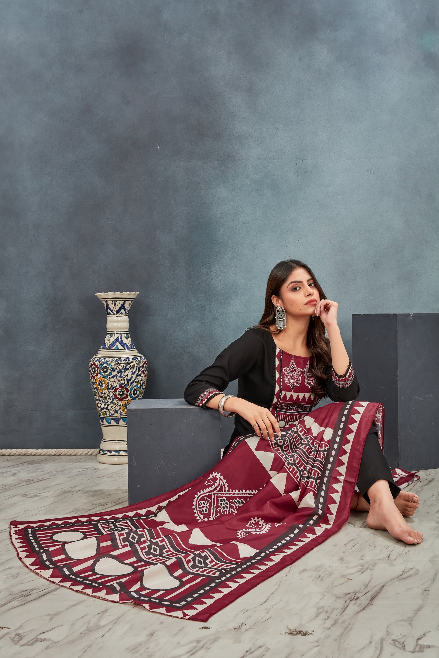 Black Ajrakh Printed Kurta  Pant with  Dupatta suit