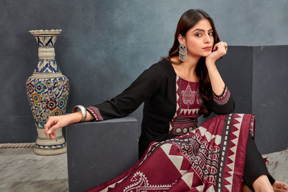 Black Ajrakh Printed Kurta  Pant with  Dupatta suit