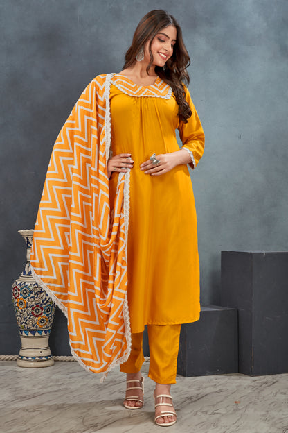 Women Yellow cottan kurta Pant Dupatta Suit