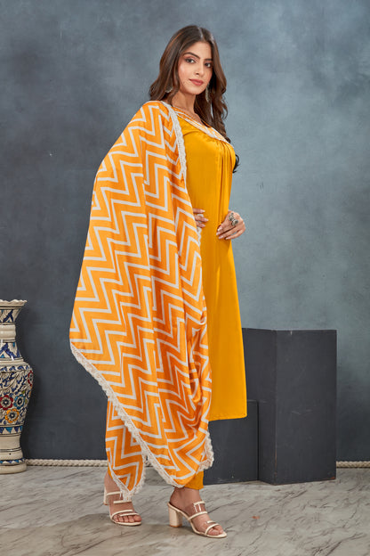 Women Yellow cottan kurta Pant Dupatta Suit