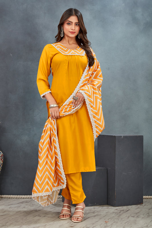 Women Yellow cottan kurta Pant Dupatta Suit