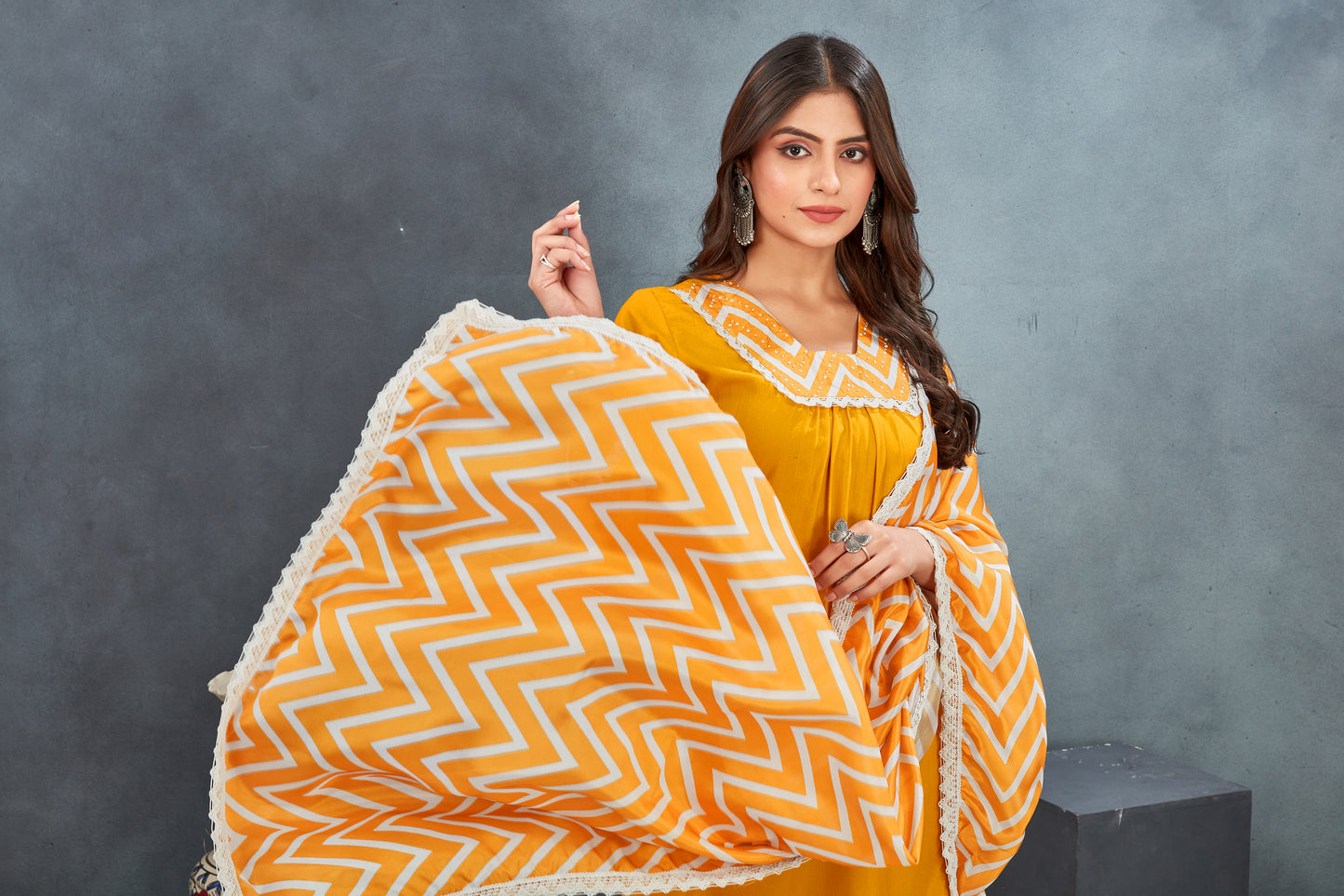 Women Yellow cottan kurta Pant Dupatta Suit