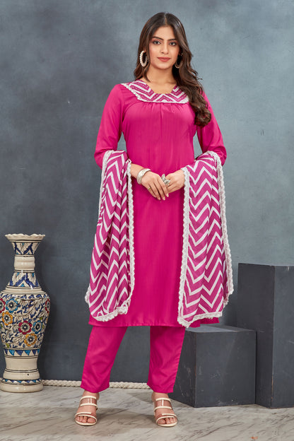 Women pink cottan kurta Pant Dupatta Suit