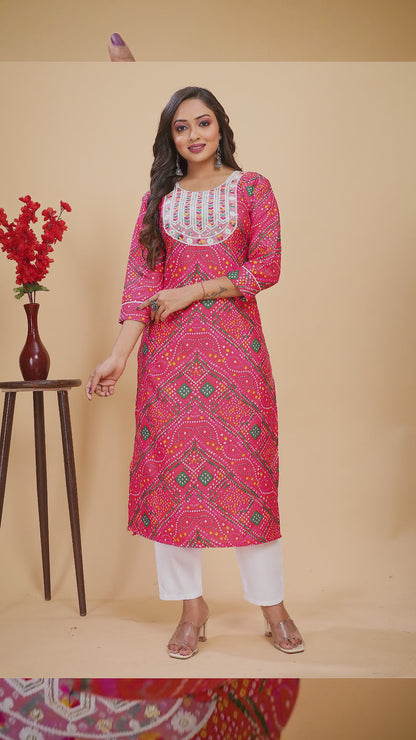 Bandhani Printed Viscose Kurta with White Pant