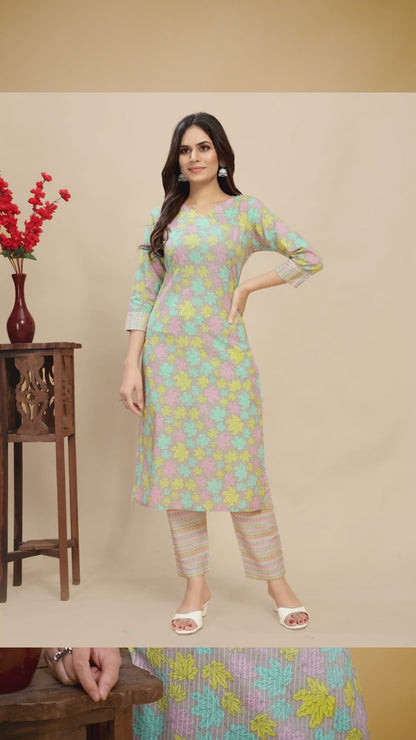 Multi Colour  Cotton leaf Block Printed Kurti Pair