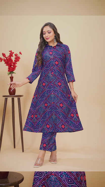 Navy Blue Printed Rayon Flared Round Kurta