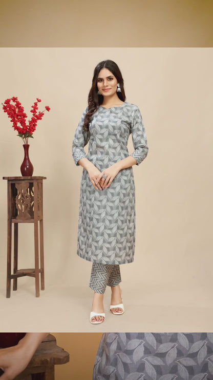 Grey pure Cotton leaf Printed Kurta trouser set