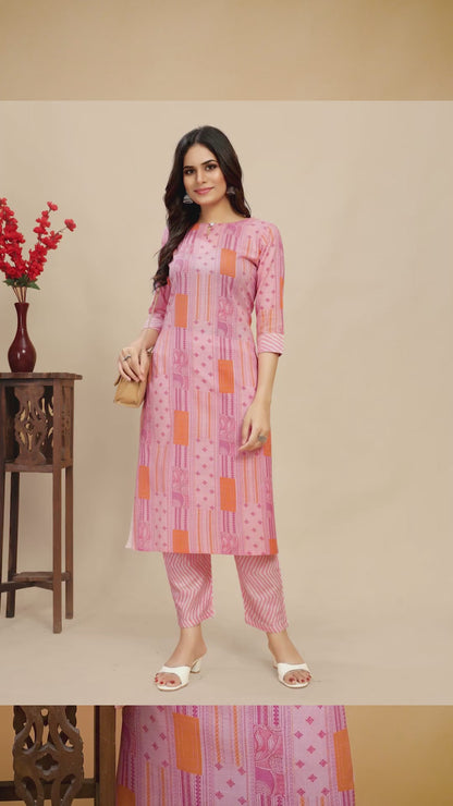 Pink Cotton Floral Block Printed Kurti Pair