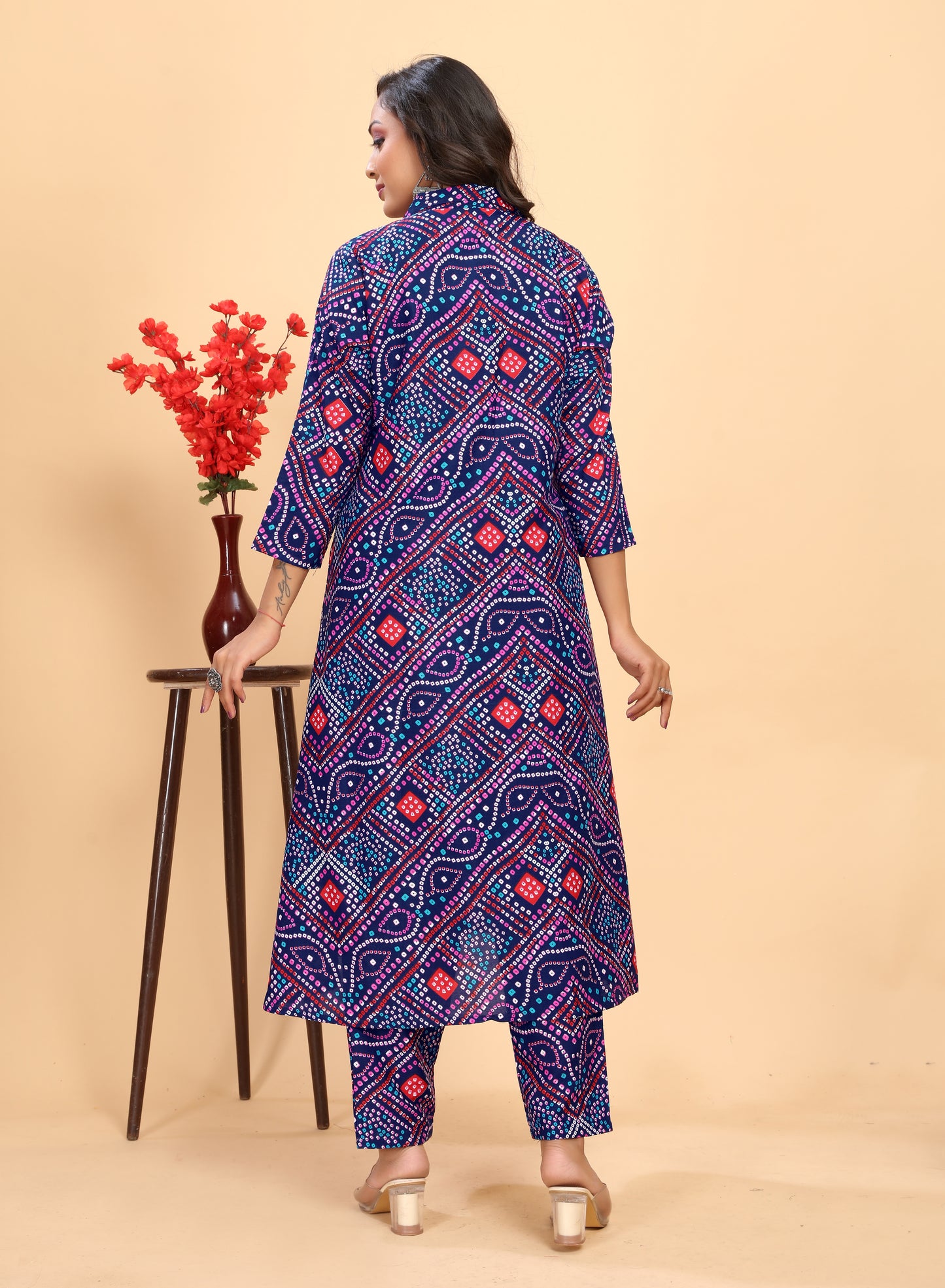 Navy Blue Printed Rayon Flared Round Kurta