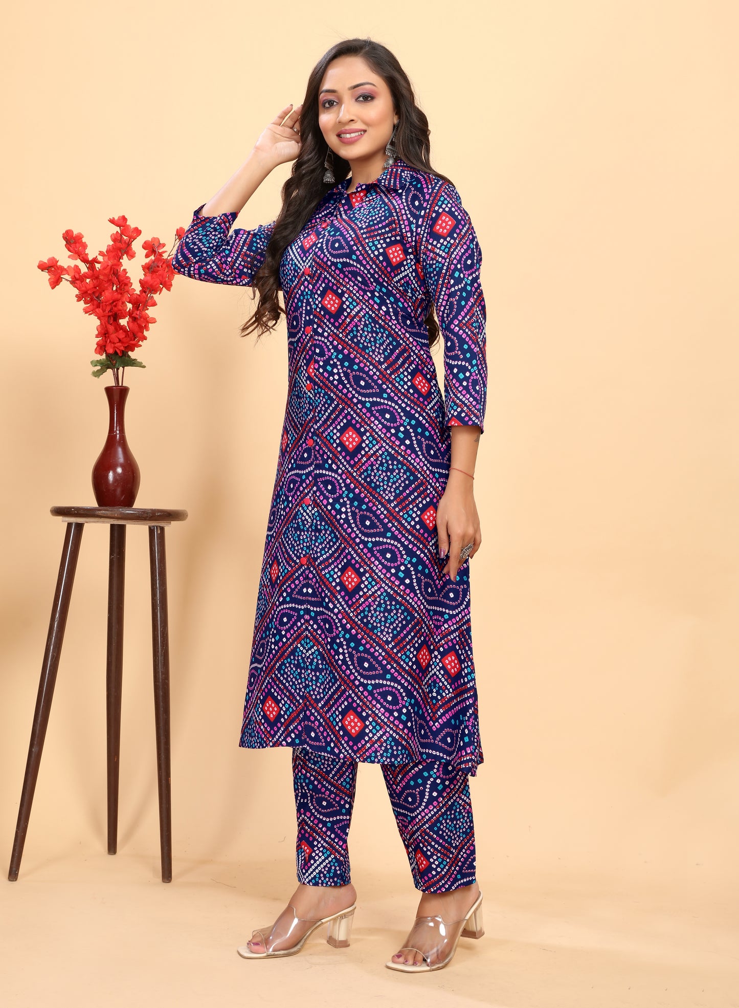 Navy Blue Printed Rayon Flared Round Kurta