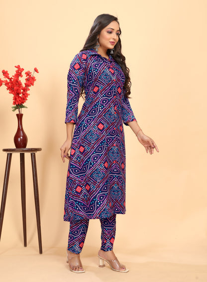 Navy Blue Printed Rayon Flared Round Kurta