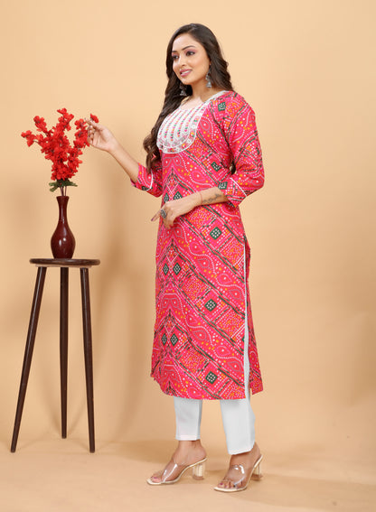 Bandhani Printed Viscose Kurta with White Pant