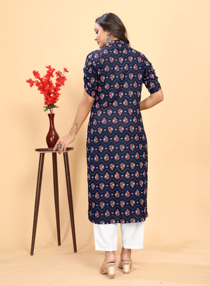 Women's Nevy Blue Rayon Floral Printed Straight Kurta