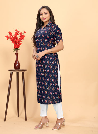 Women's Nevy Blue Rayon Floral Printed Straight Kurta