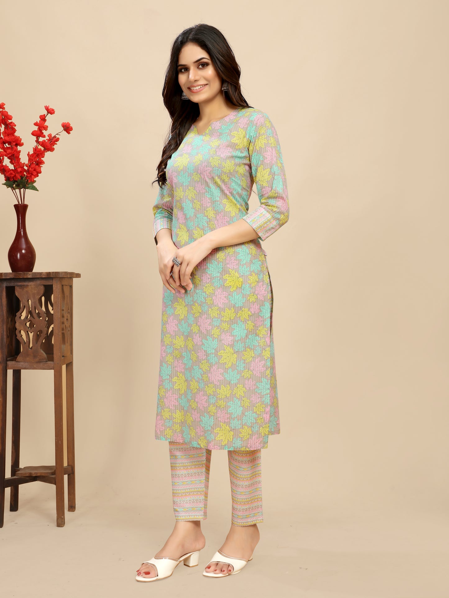 Multi Colour  Cotton leaf Block Printed Kurti Pair