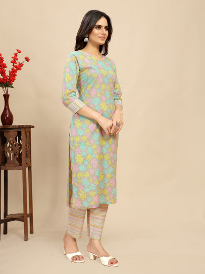 Multi Colour  Cotton leaf Block Printed Kurti Pair