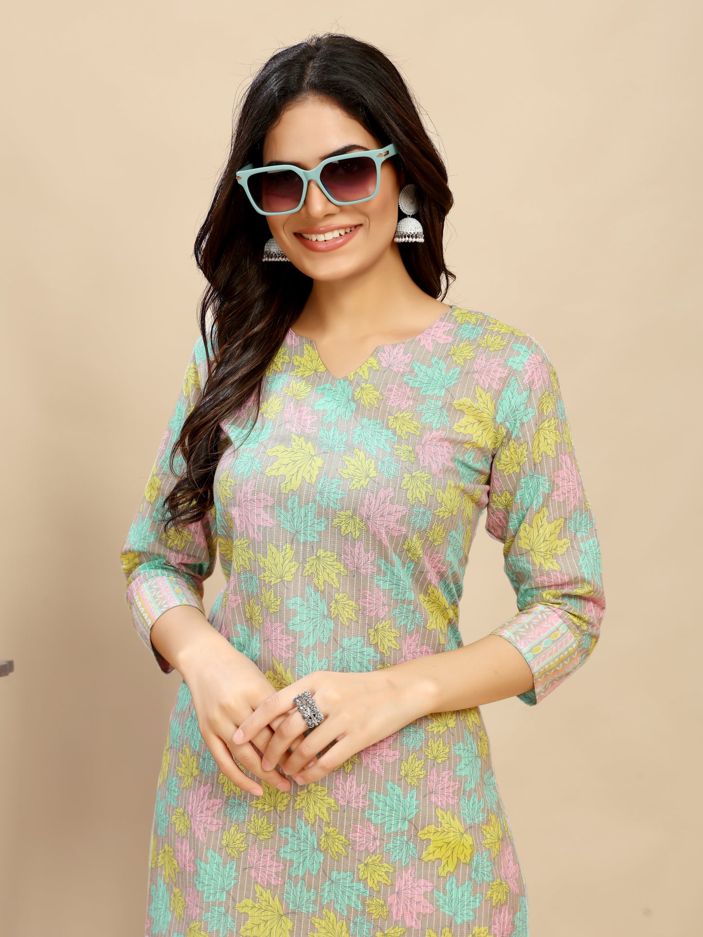 Multi Colour  Cotton leaf Block Printed Kurti Pair