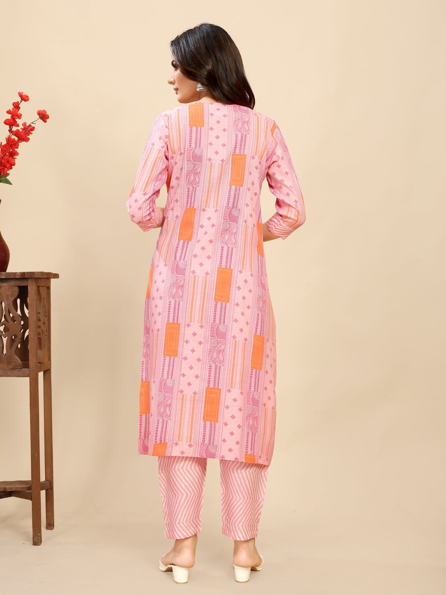 Pink Cotton Floral Block Printed Kurti Pair