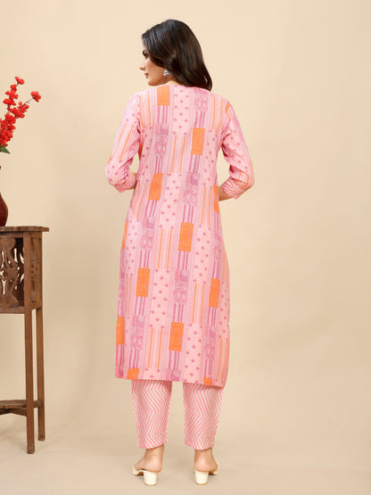 Pink Cotton Floral Block Printed Kurti Pair