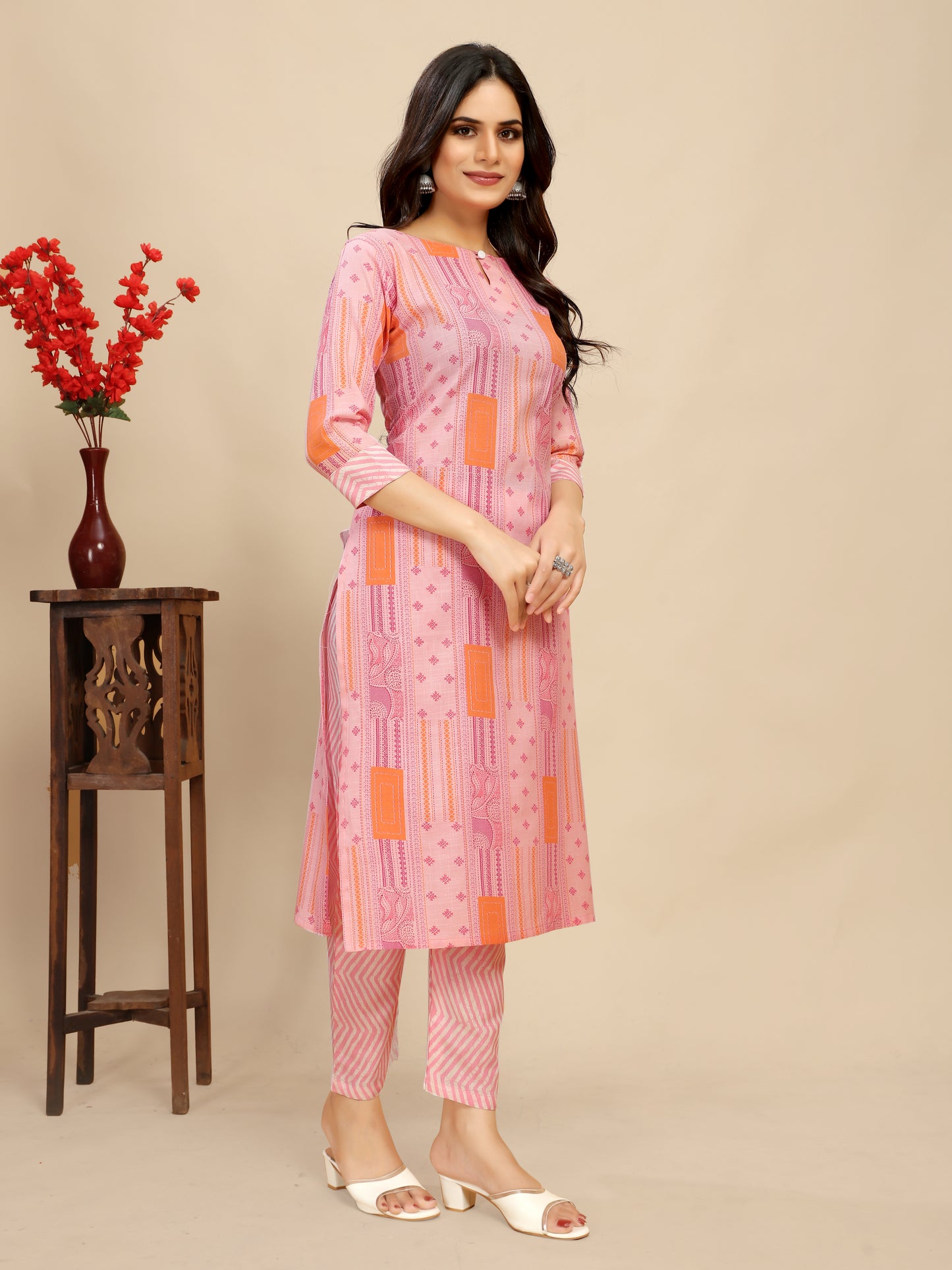 Pink Cotton Floral Block Printed Kurti Pair